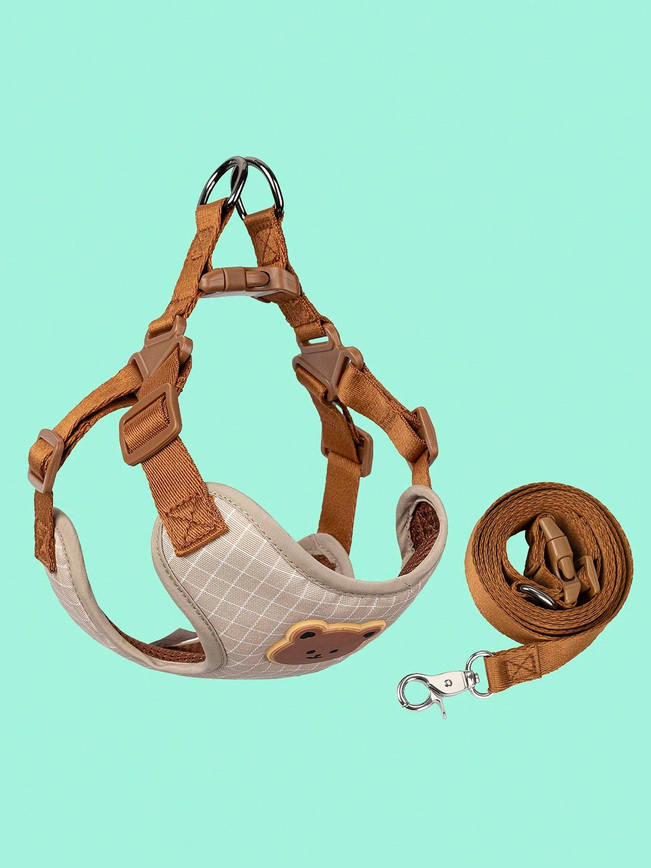 Multicolor polyester dog leash and collar set with plaid teddy bear pattern for small dogs and outdoor walking