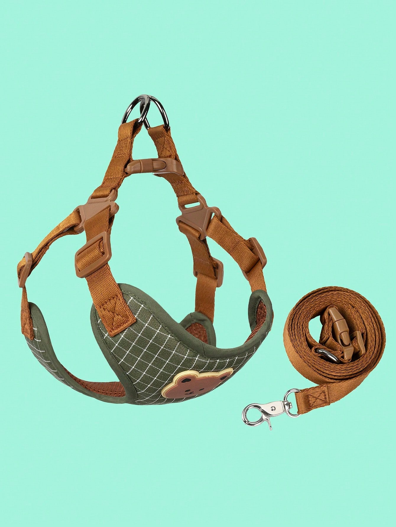 Multicolor polyester dog leash and collar set with plaid teddy bear pattern for small dogs and outdoor walking