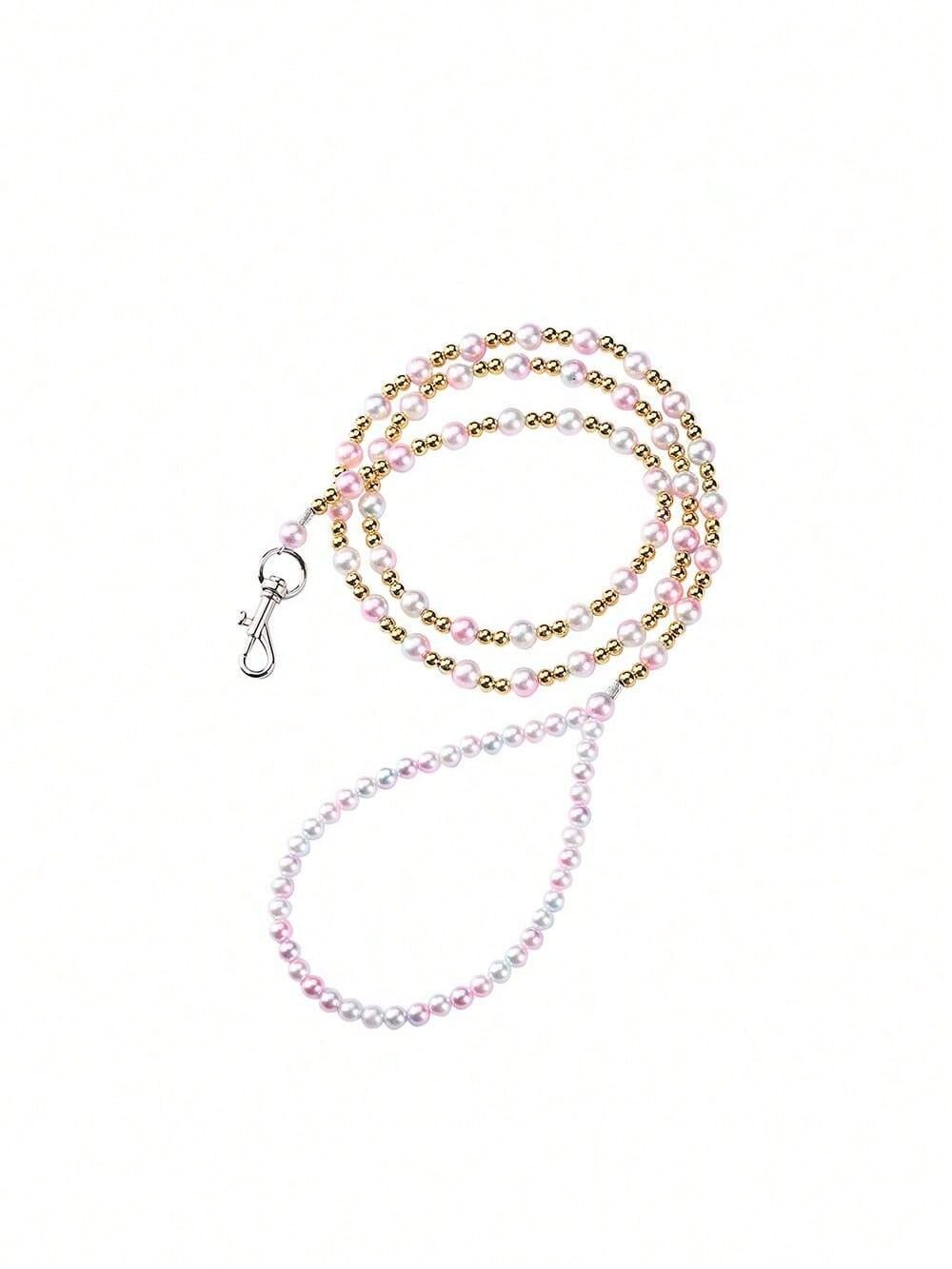 Multicolor pearl beaded pet leash for cats and dogs with a secure clasp, designed as a stylish walking and training lead.