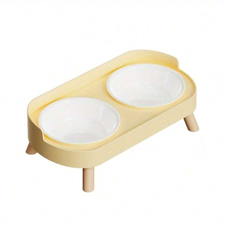 An elevated double bowl feeder for dogs made of durable ABS material in a colorblock design with an 800ml capacity for food and water.