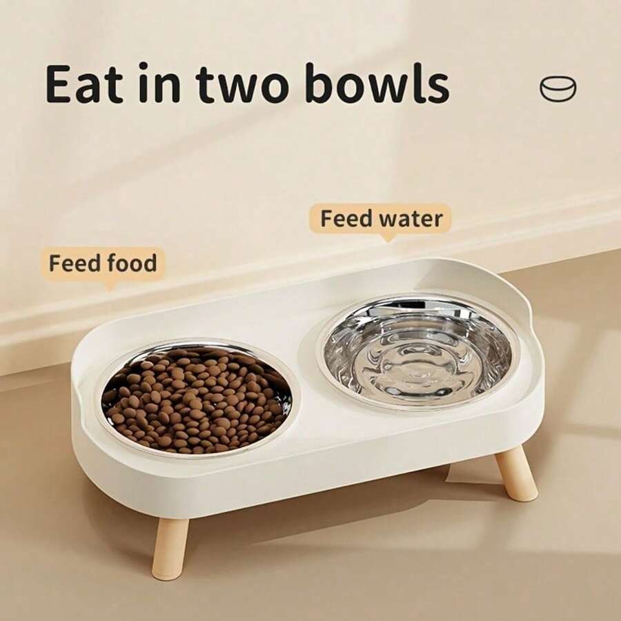 An elevated double bowl feeder for dogs made of durable ABS material in a colorblock design with an 800ml capacity for food and water.