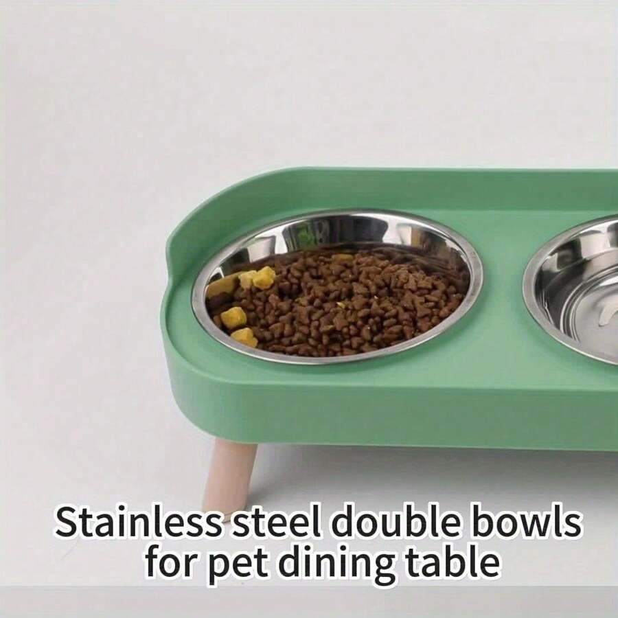An elevated double bowl feeder for dogs made of durable ABS material in a colorblock design with an 800ml capacity for food and water.