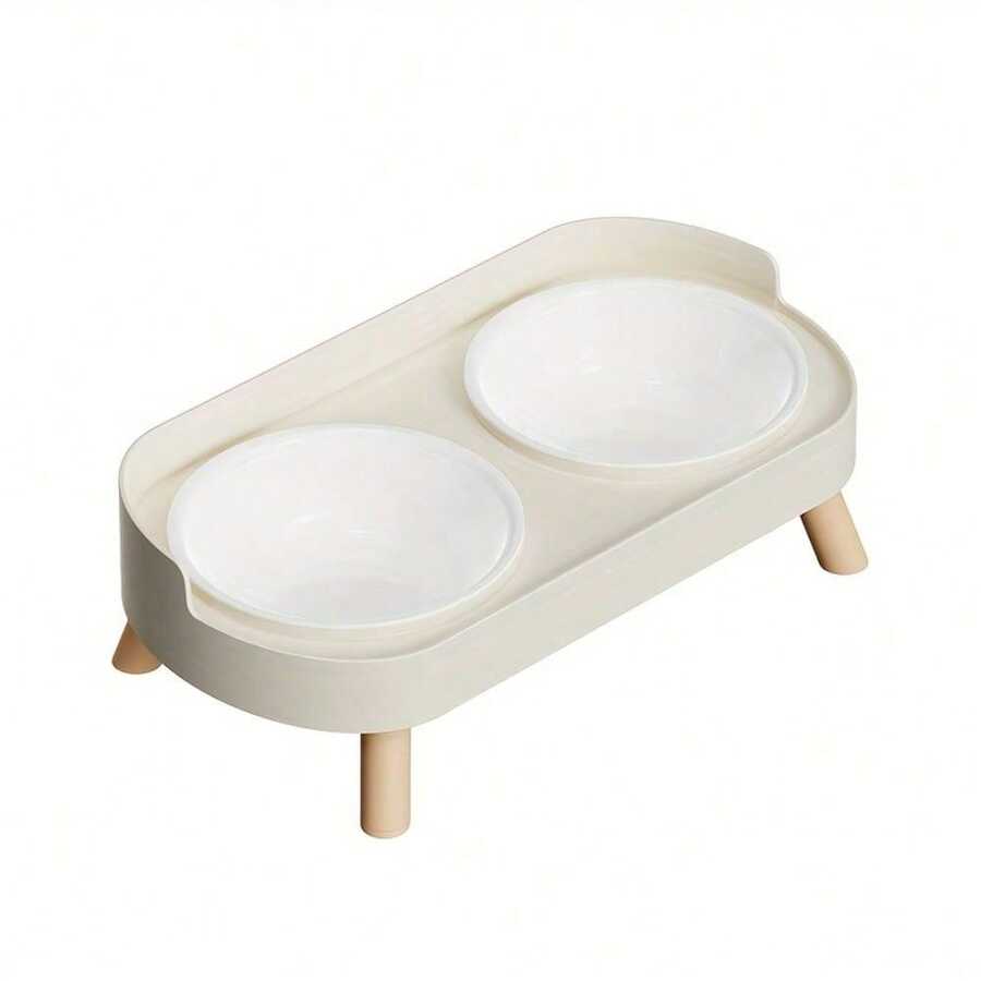 An elevated double bowl feeder for dogs made of durable ABS material in a colorblock design with an 800ml capacity for food and water.
