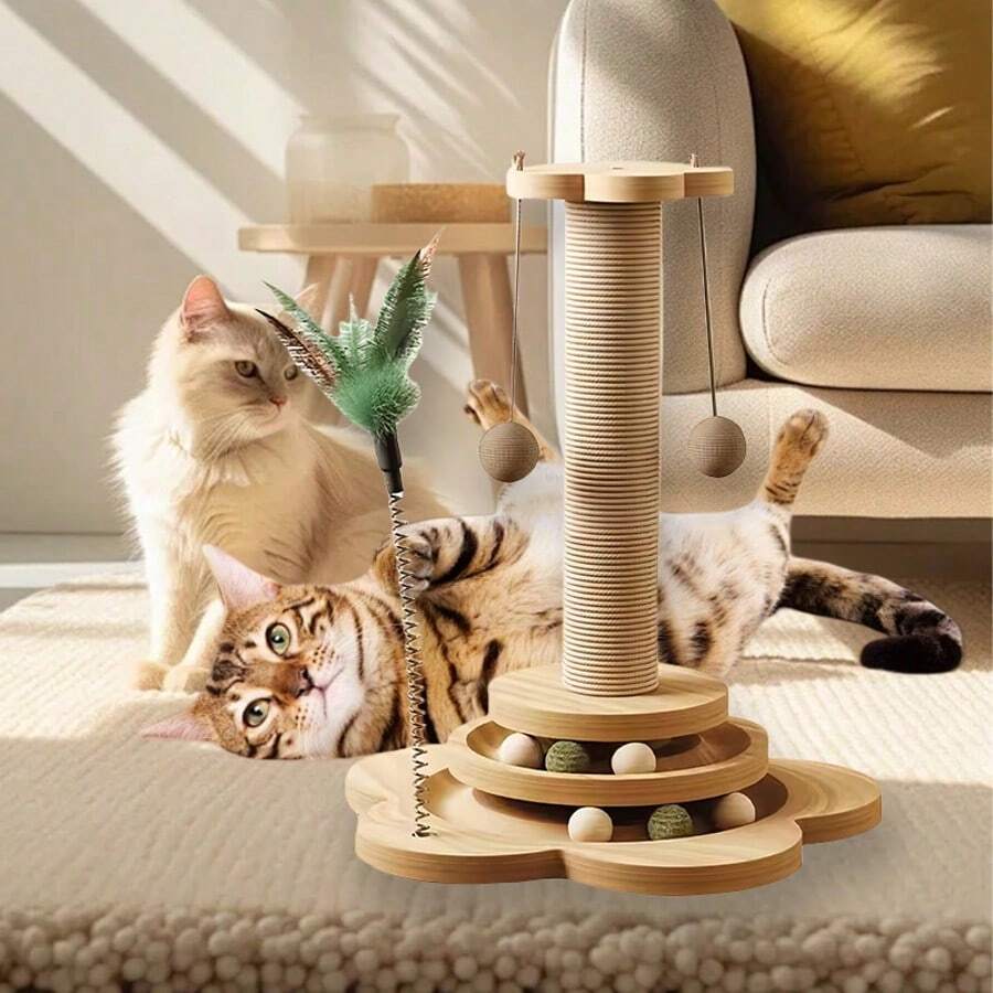 Solid wood vertical sisal cat scratching post climbing tree with interactive turntable toy