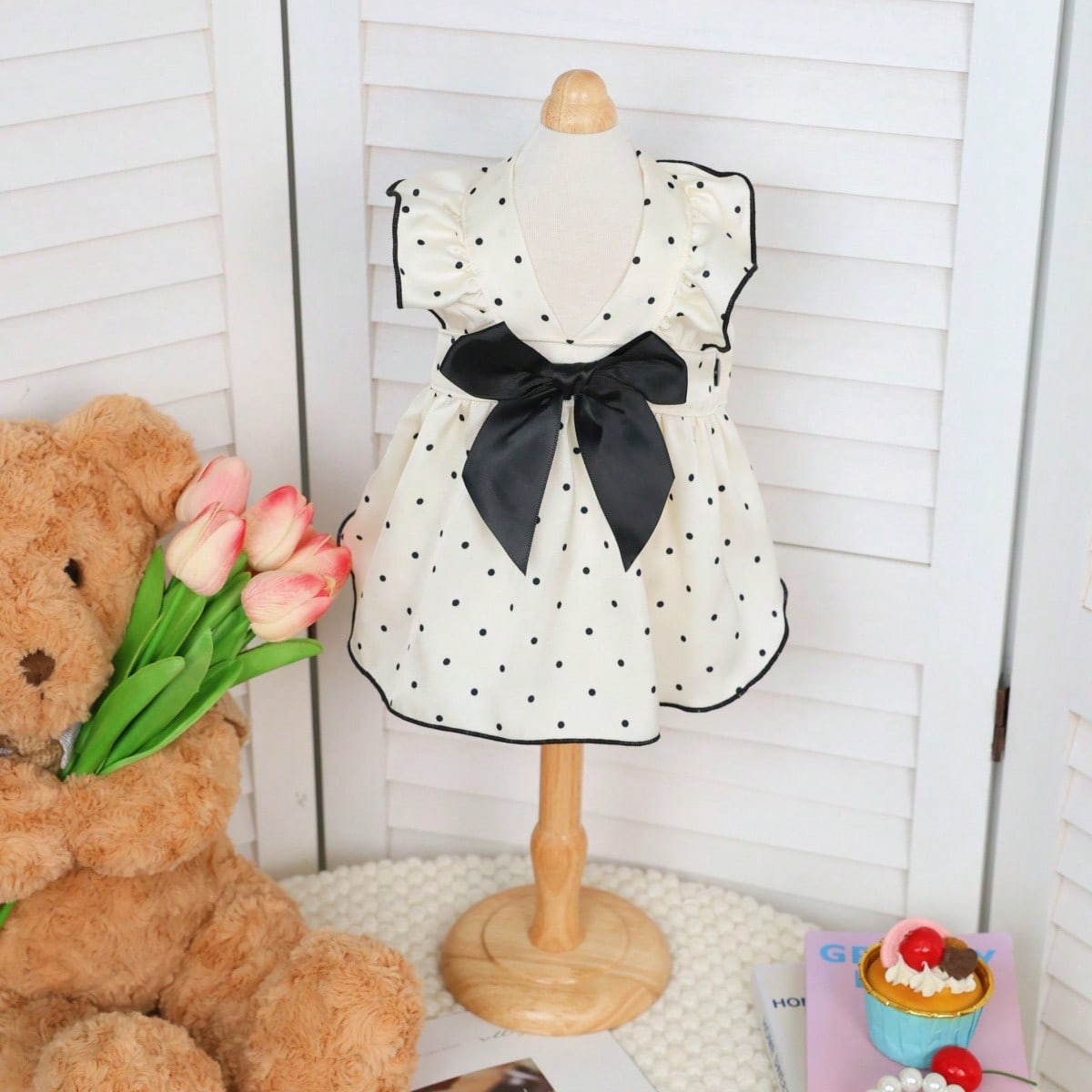 Pet Princess Dress, Red Polka Dot Ruffle Fly Sleeve Dog Dress With Big Satin Bow, Summer Elegant Puppy Cat Outfit For Small Breed Chihuahua Yorkie Birthday Party Clothes
