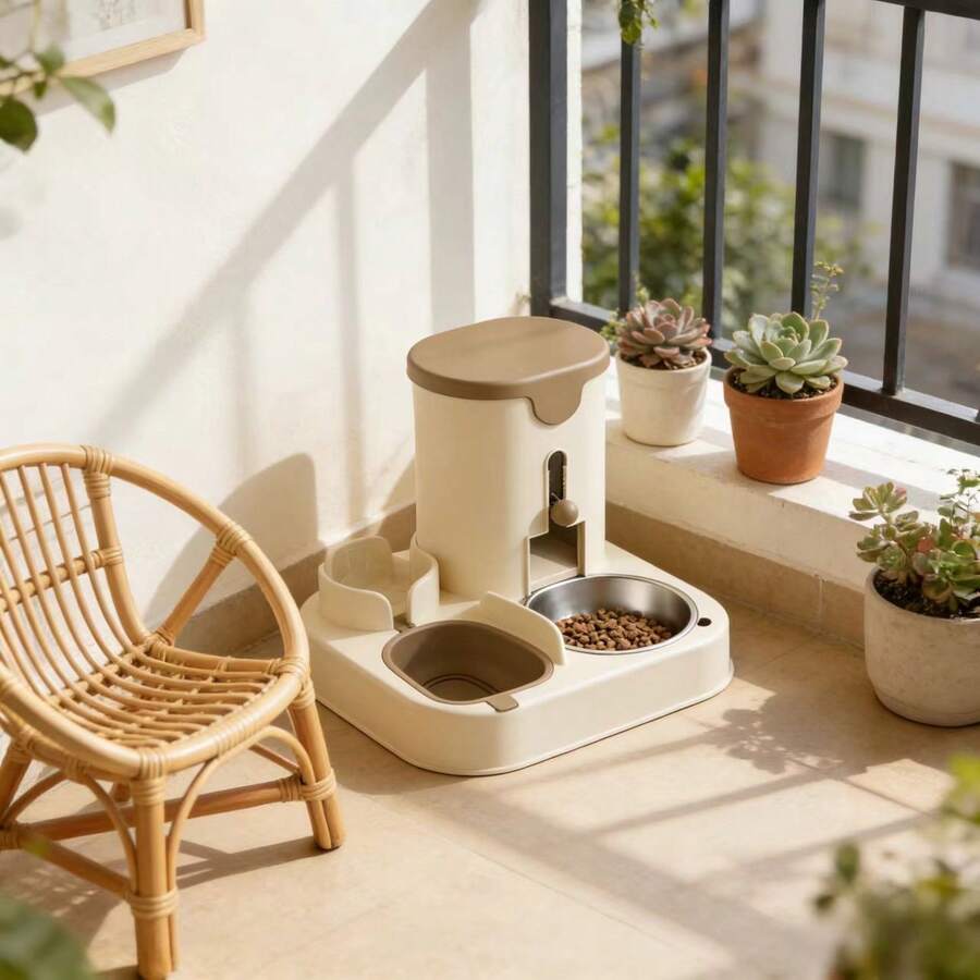 A 3.6L 2-in-1 pet feeder and water dispenser made of polyvinyl chloride for cats and dogs.