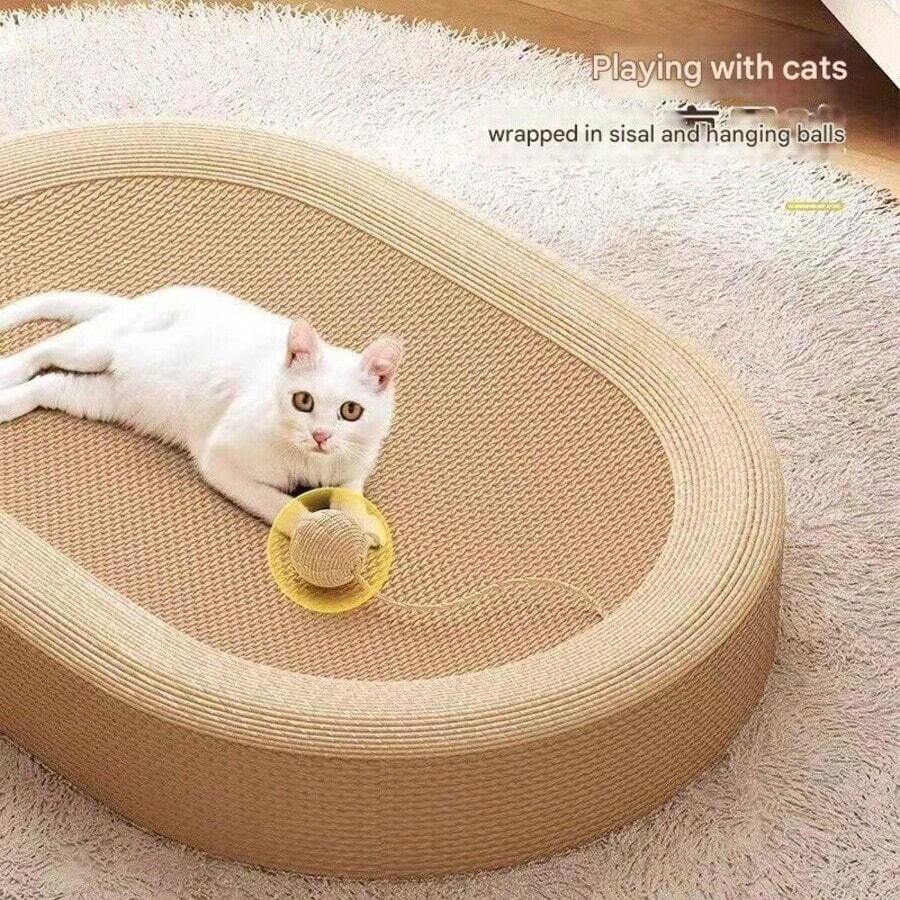 Large oval natural sisal cat scratching board and bed featuring durable non-shedding rope construction for cats.