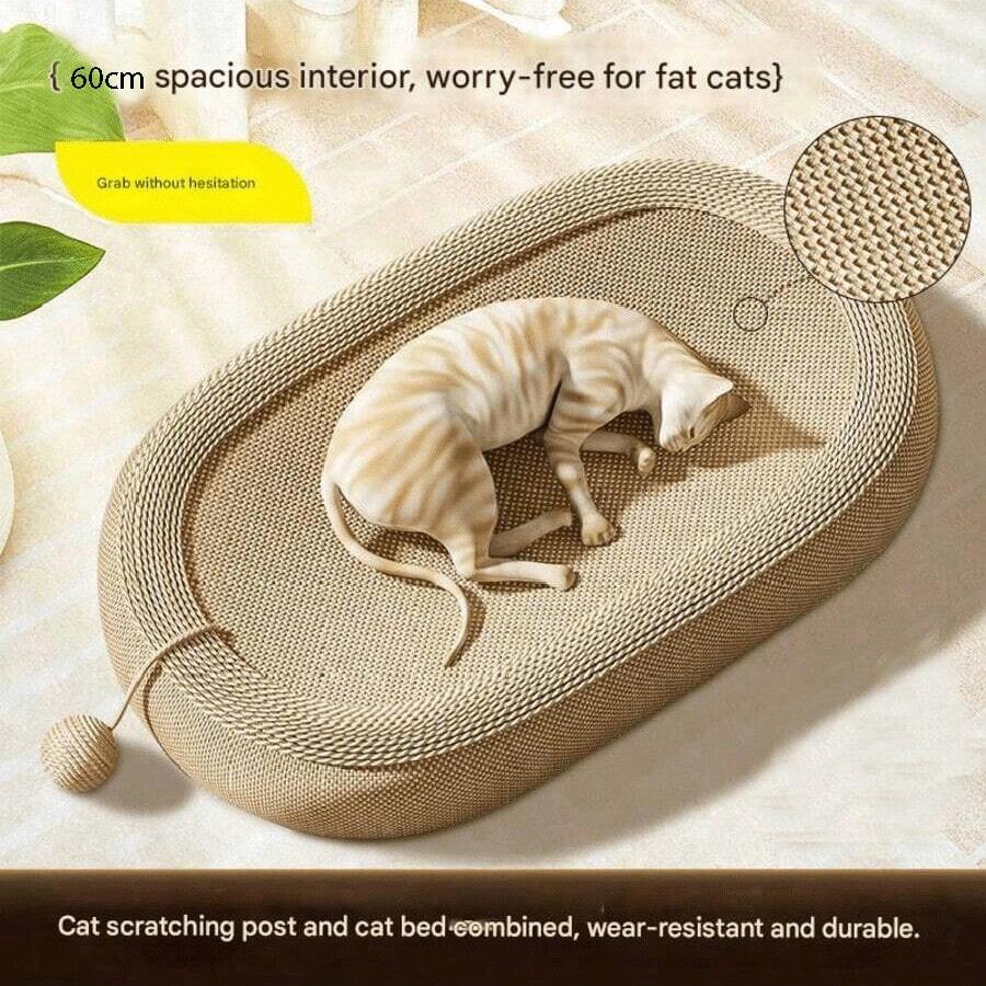 Large oval natural sisal cat scratching board and bed featuring durable non-shedding rope construction for cats.
