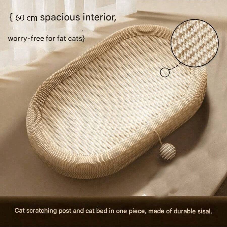 Large oval natural sisal cat scratching board and bed featuring durable non-shedding rope construction for cats.