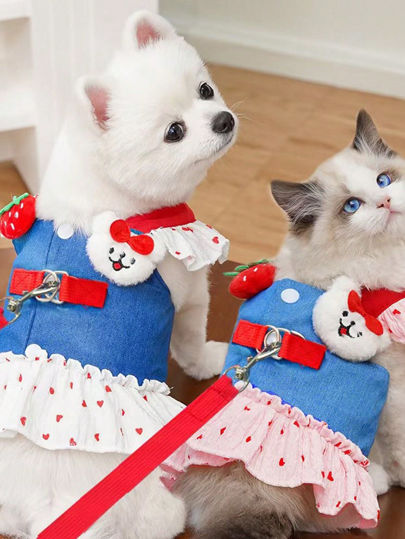 Multicolor Christmas pattern polyester pet harness dress for dogs and cats, designed for small pets such as Teddy, Bichon, French Bulldog, and Schnauzer.