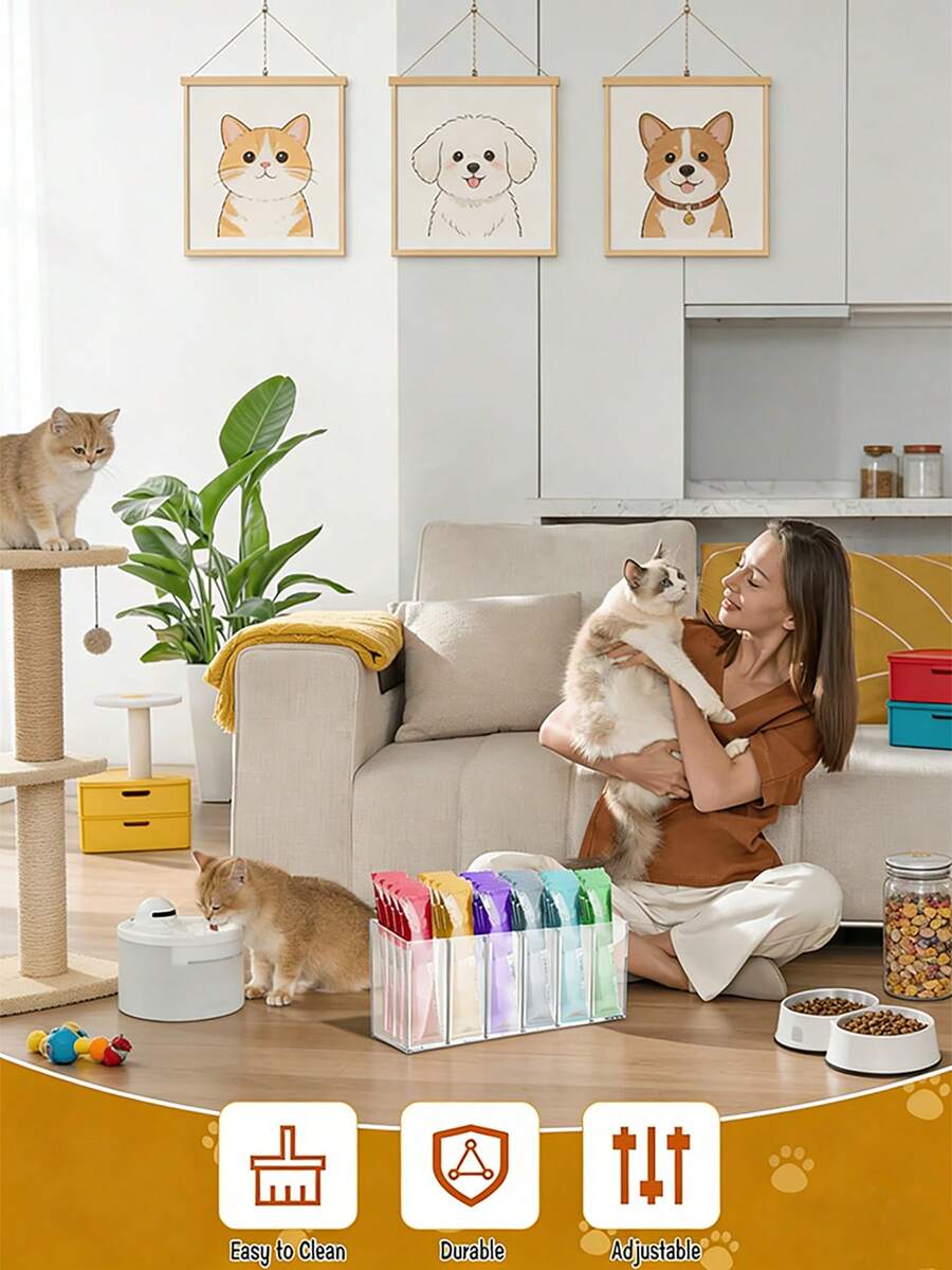 Clear acrylic desktop storage box for lickable cat snacks and wet treats with a removable divider.