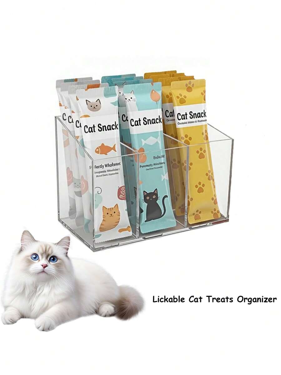 Clear acrylic desktop storage box for lickable cat snacks and wet treats with a removable divider.