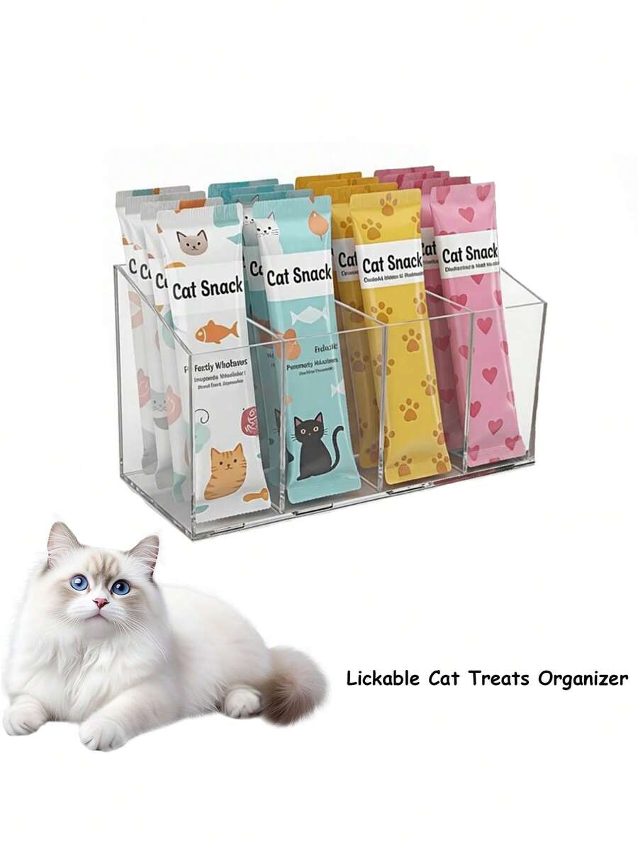 Clear acrylic desktop storage box for lickable cat snacks and wet treats with a removable divider.