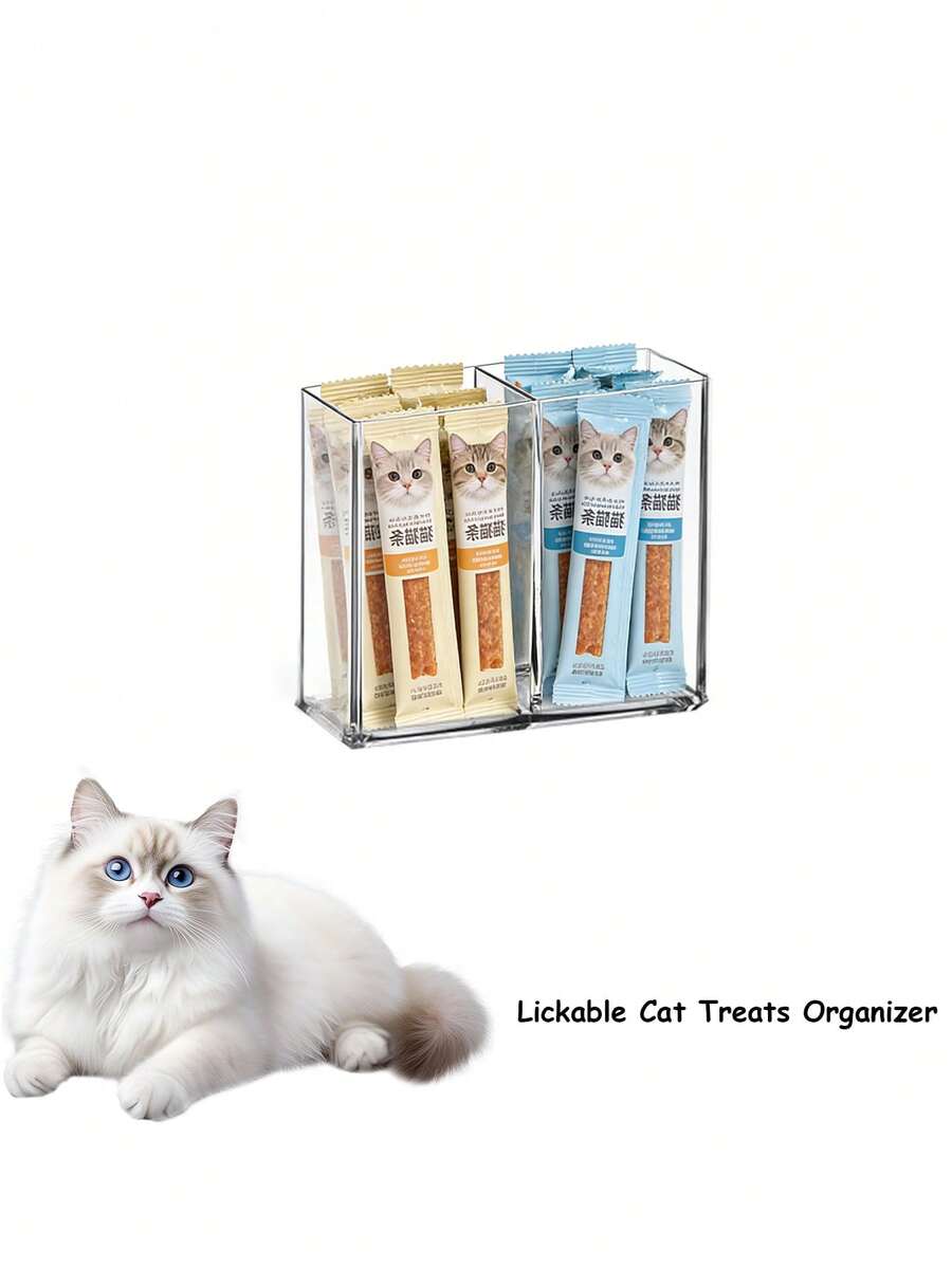 Clear acrylic desktop storage box for lickable cat snacks and wet treats with a removable divider.