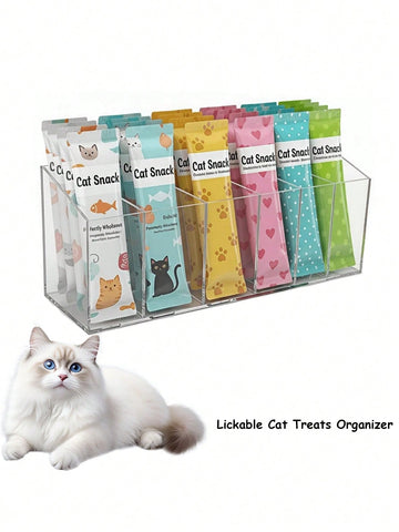 Clear acrylic desktop storage box for lickable cat snacks and wet treats with a removable divider.