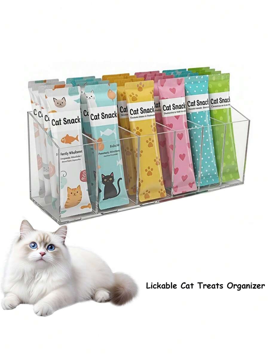 Clear acrylic desktop storage box for lickable cat snacks and wet treats with a removable divider.