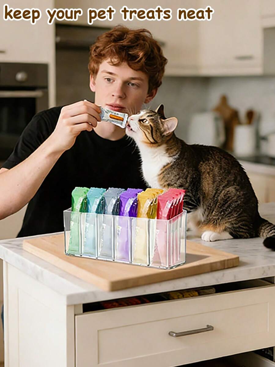 Clear acrylic desktop storage box for lickable cat snacks and wet treats with a removable divider.