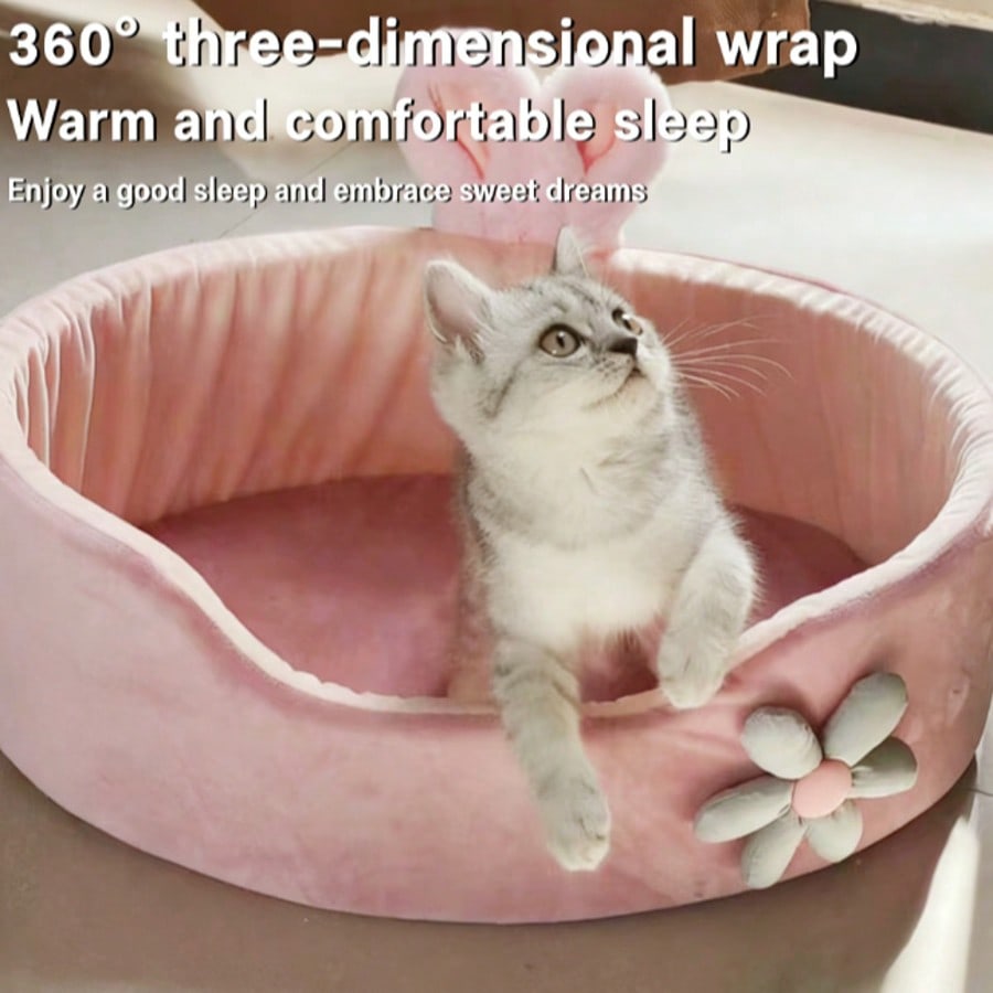 1pc Thick Soft Oval Pet Bed, Floral Pattern Decorated Cat Bed, Soft & Comfortable Fabric Pet Bed, Non-Slip Waterproof Oval Pet Bed, Suitable For Indoor Small/Medium Pets