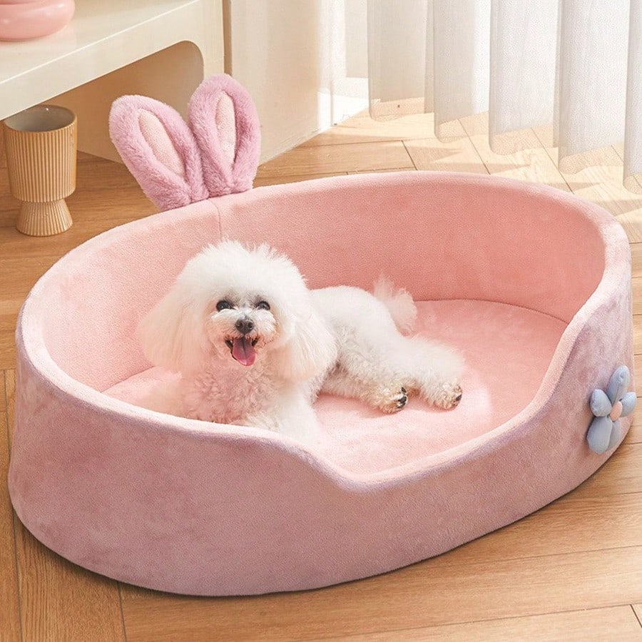 1pc Thick Soft Oval Pet Bed, Floral Pattern Decorated Cat Bed, Soft & Comfortable Fabric Pet Bed, Non-Slip Waterproof Oval Pet Bed, Suitable For Indoor Small/Medium Pets
