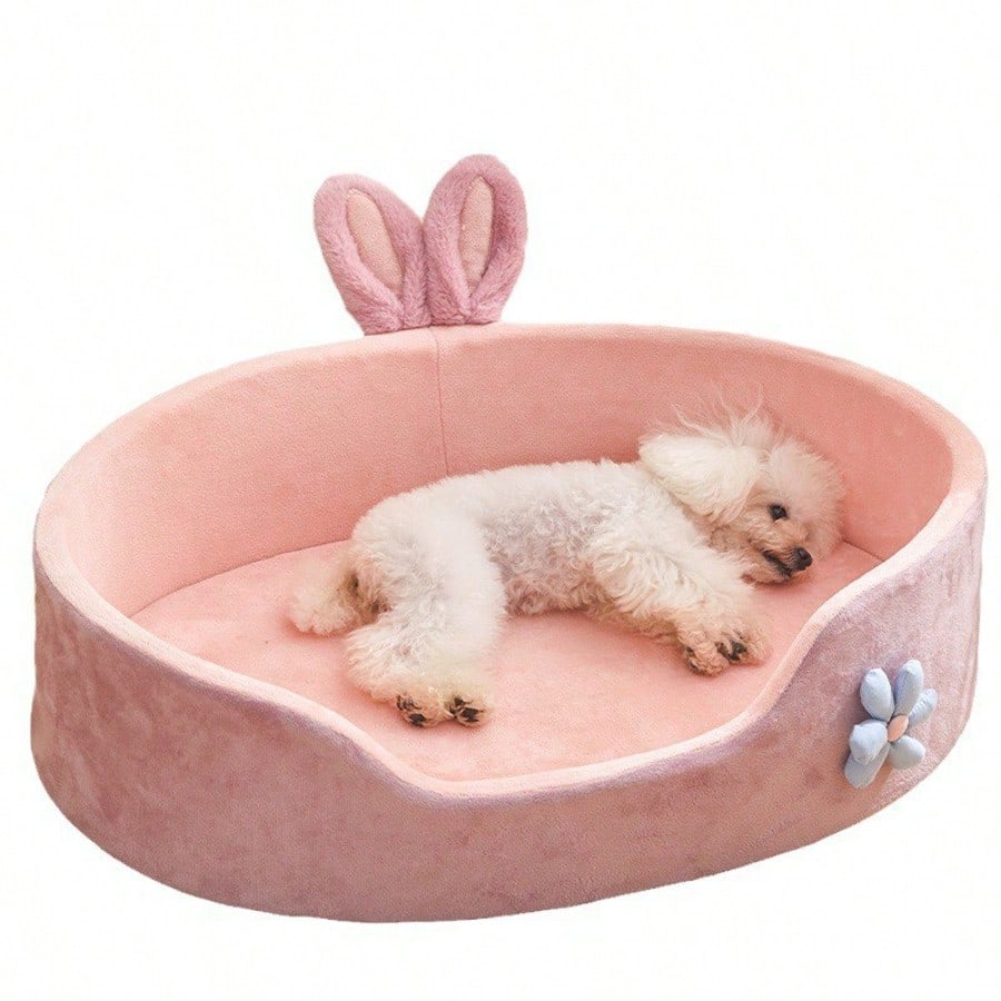 1pc Thick Soft Oval Pet Bed, Floral Pattern Decorated Cat Bed, Soft & Comfortable Fabric Pet Bed, Non-Slip Waterproof Oval Pet Bed, Suitable For Indoor Small/Medium Pets