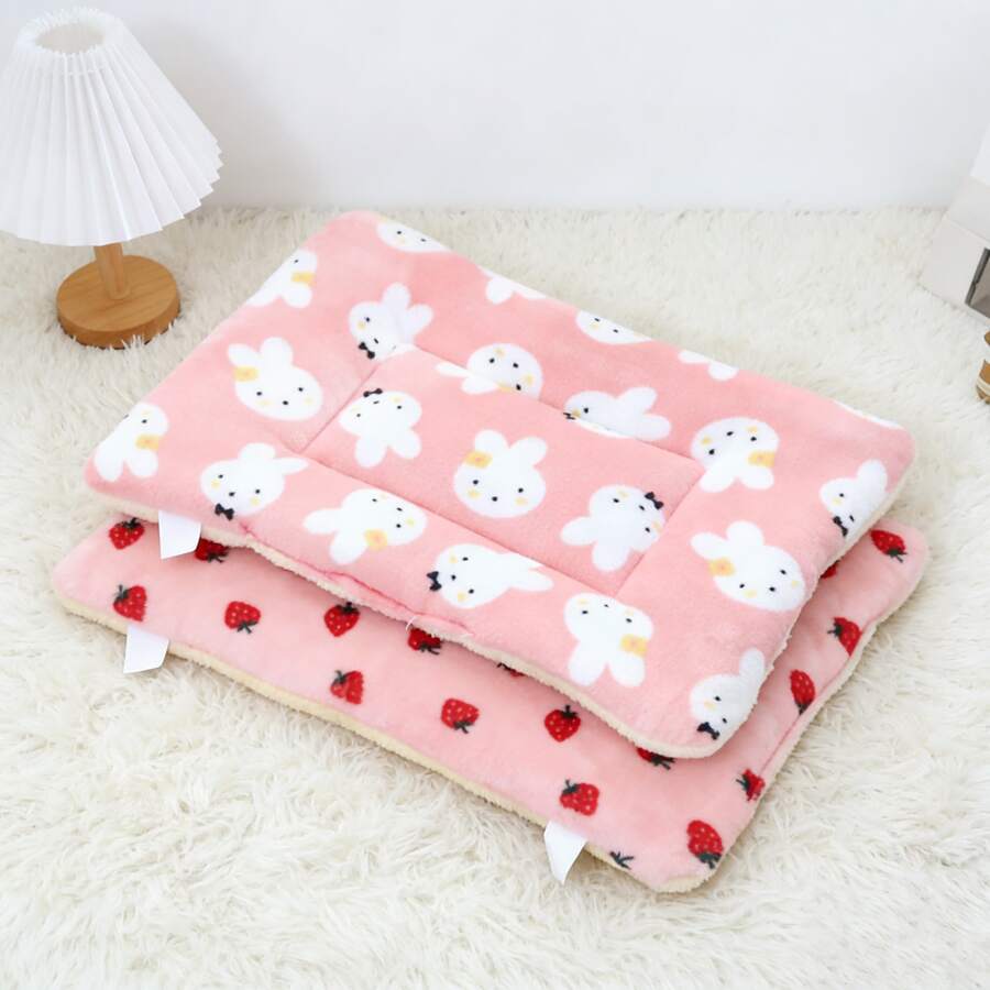 Multicolor soft strawberry print pet sleeping mat for cats and dogs made from 100% polyester with plush filling.