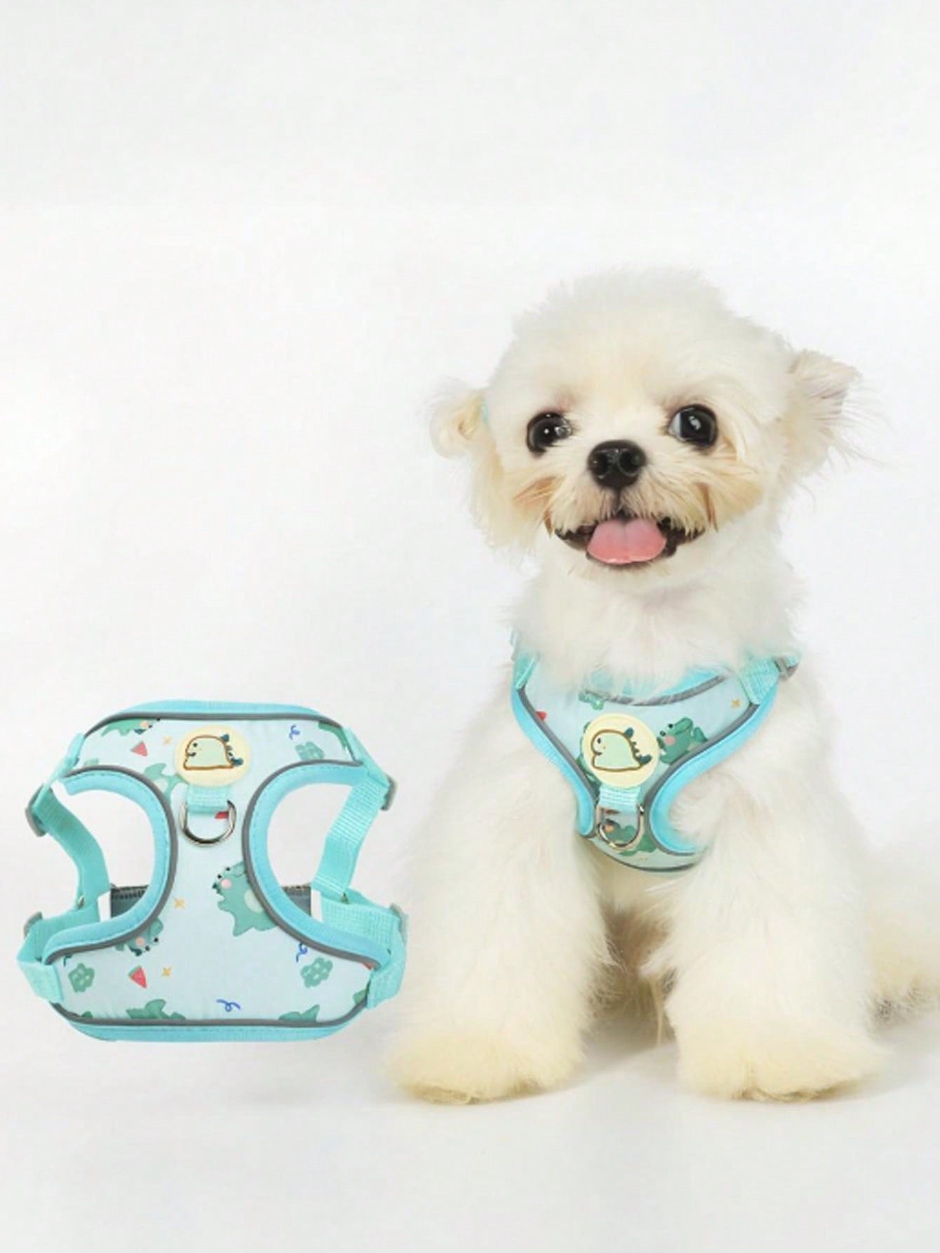 Multicolor polyester pet dog harness and leash set with cartoon dinosaur pattern for small and medium cats and dogs outdoors