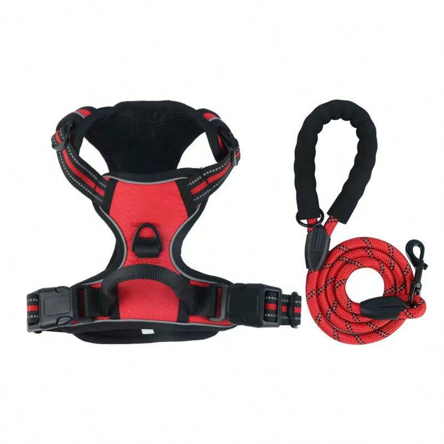 Reflective anti-pull dog harness and leash set with quick release buckle and comfortable thick handle for walking and training cats or dogs