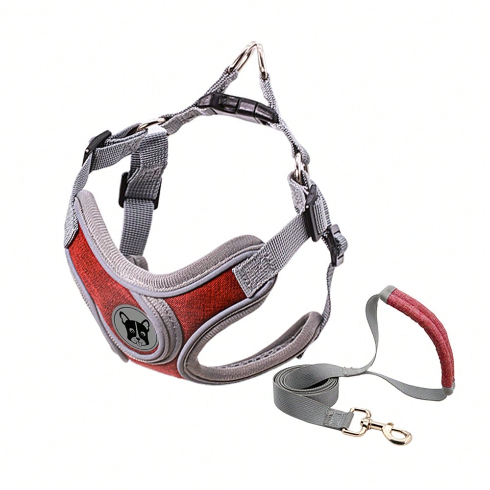 Adjustable padded dog harness set with leash in a reflective vest style for small and medium dogs, polyester colorblock design