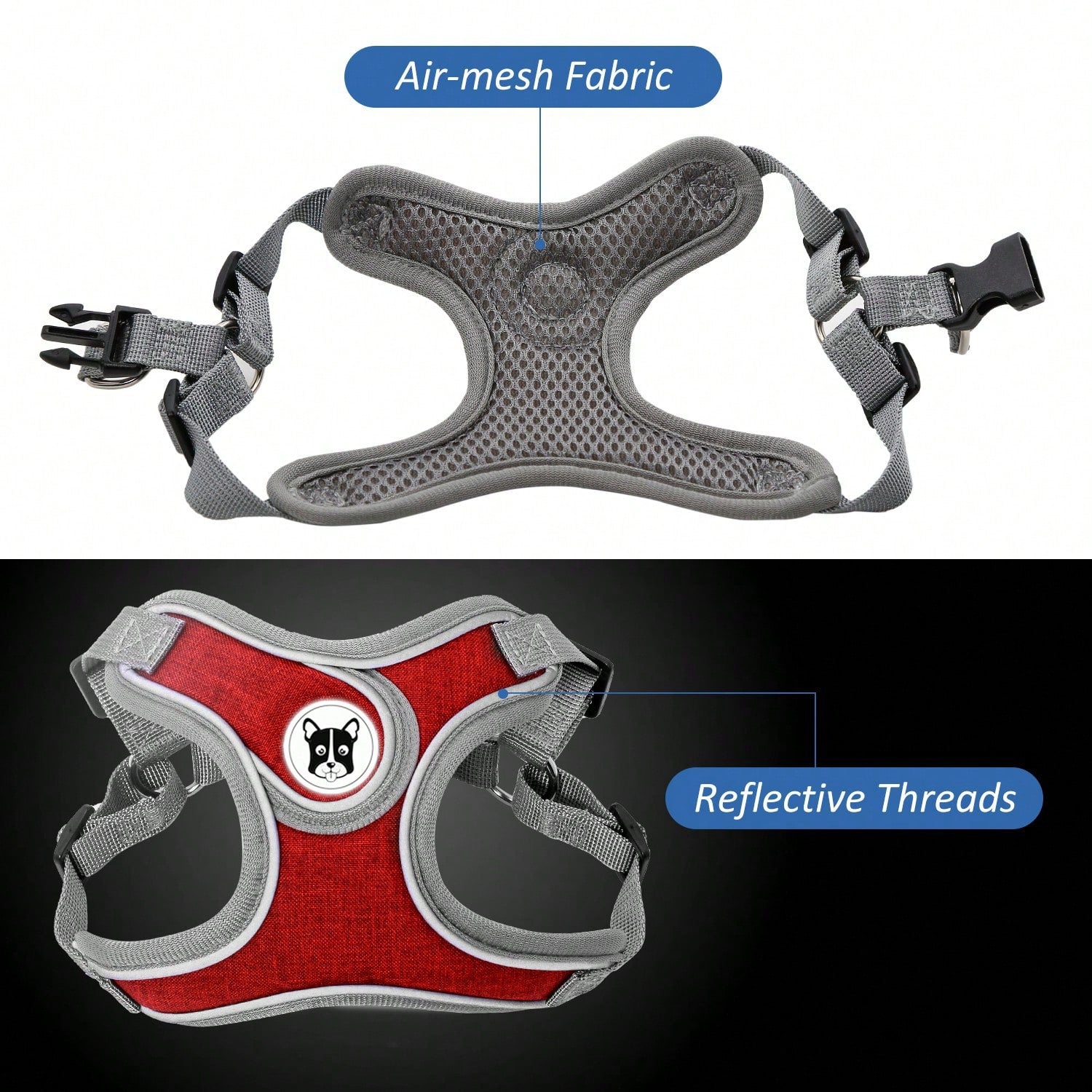 Adjustable padded dog harness set with leash in a reflective vest style for small and medium dogs, polyester colorblock design