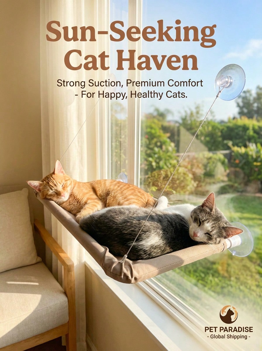 Multicolor hanging cat window hammock bed with cozy blanket mounted on a sunny window seat.
