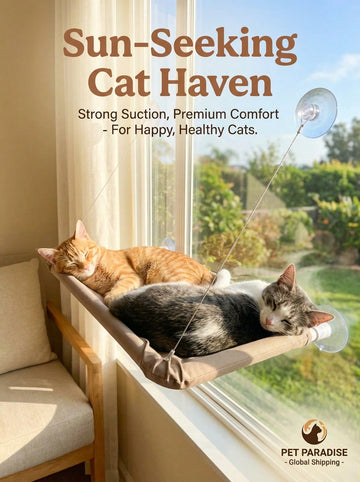 Multicolor hanging cat window hammock bed with cozy blanket mounted on a sunny window seat.