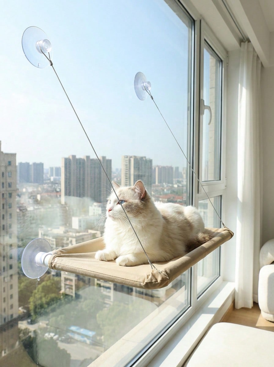 Multicolor hanging cat window hammock bed with cozy blanket mounted on a sunny window seat.