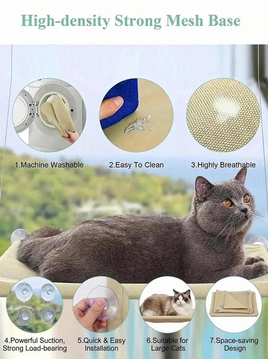 Multicolor hanging cat window hammock bed with cozy blanket mounted on a sunny window seat.