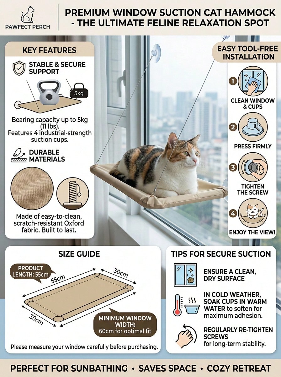 Multicolor hanging cat window hammock bed with cozy blanket mounted on a sunny window seat.