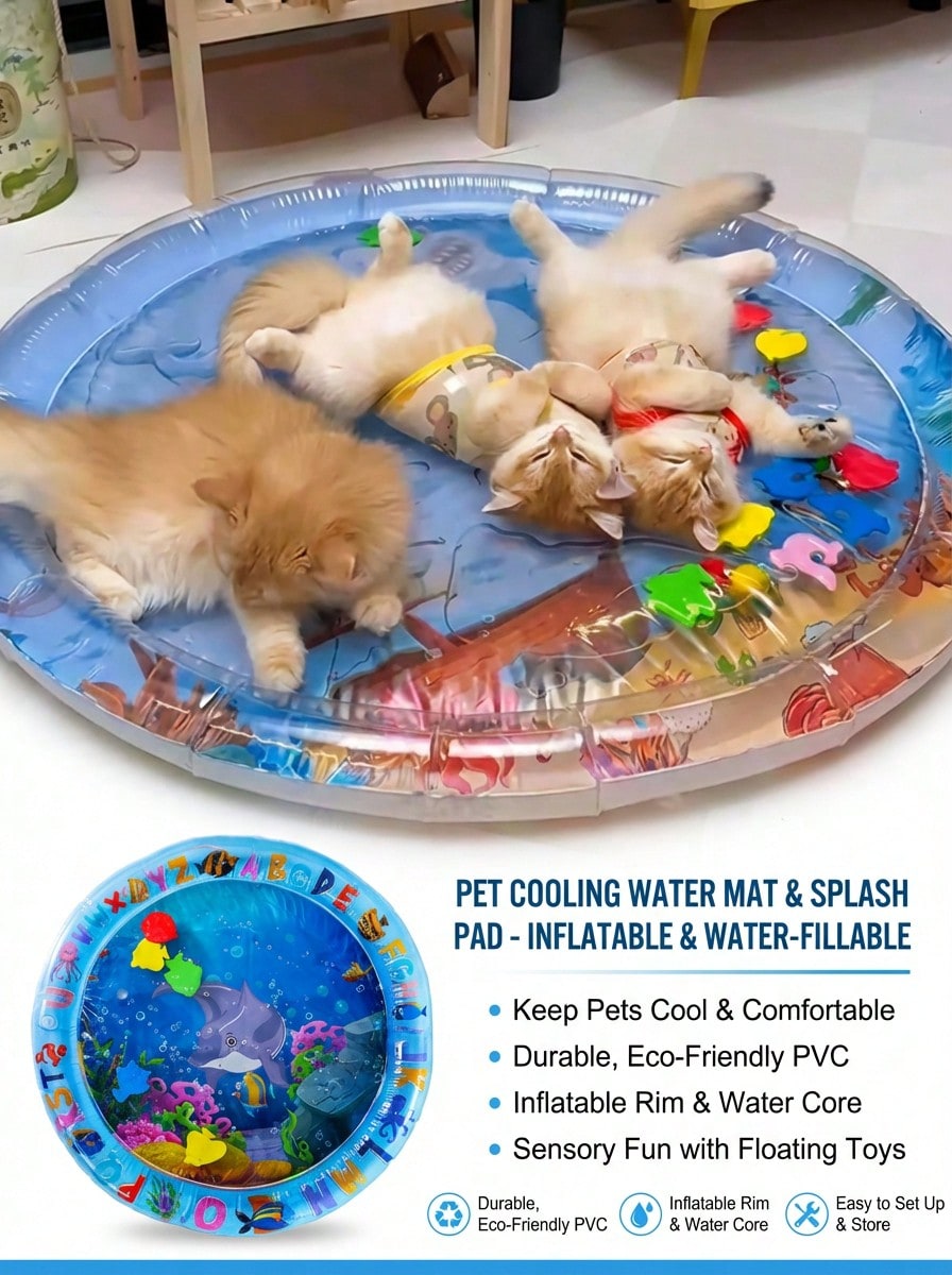 Water Filled And Inflatable Round And Square Cat Water Sensory Play Mat, Pet Waterbed, Dog And Cat Summer Cooling Floor Mat, Animal Oasis Pet Water Sensory Mat, Waterbed Play Mat, Thickened PVC Anti-Scratch, Feel Cool And Comfortable Pet Mat