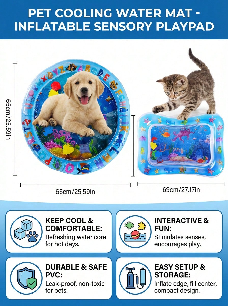 Water Filled And Inflatable Round And Square Cat Water Sensory Play Mat, Pet Waterbed, Dog And Cat Summer Cooling Floor Mat, Animal Oasis Pet Water Sensory Mat, Waterbed Play Mat, Thickened PVC Anti-Scratch, Feel Cool And Comfortable Pet Mat