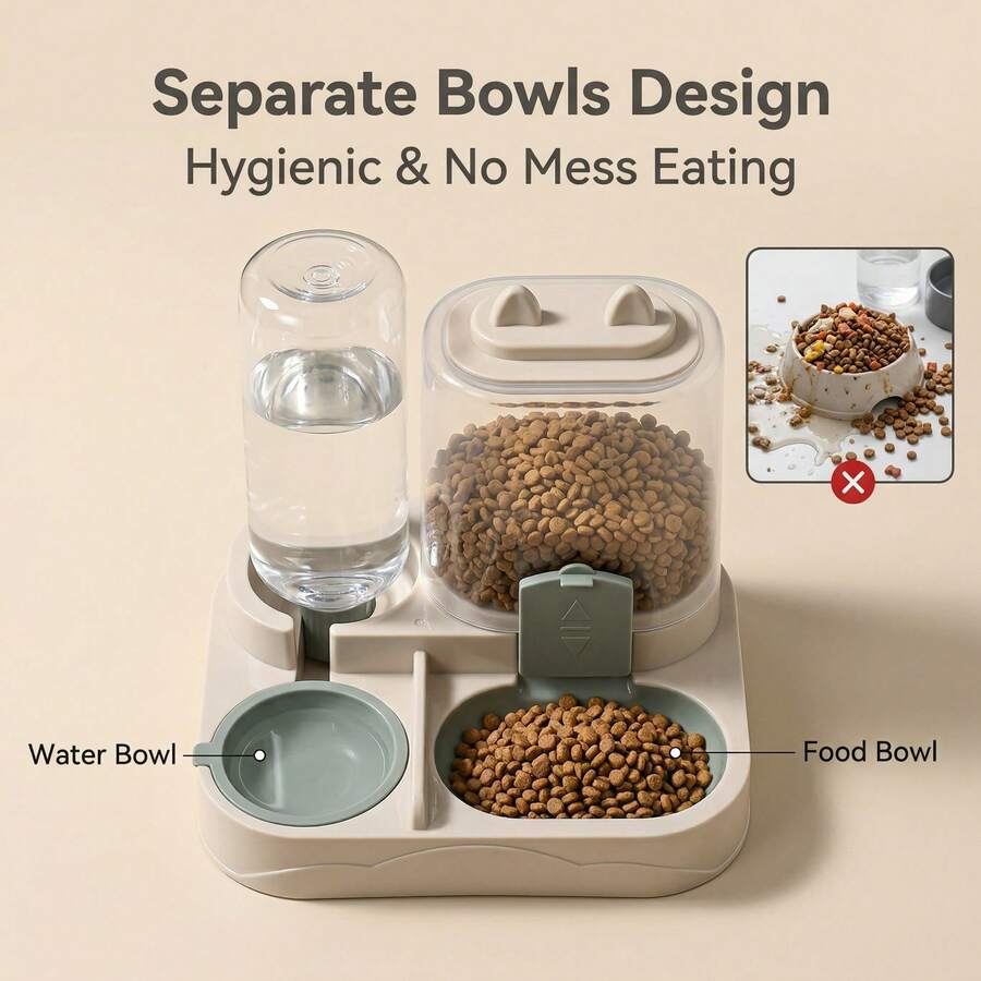 A 2-in-1 cat food and water dispenser made of PP plastic with a cartoon pattern and dry-wet separation design for cats and dogs.