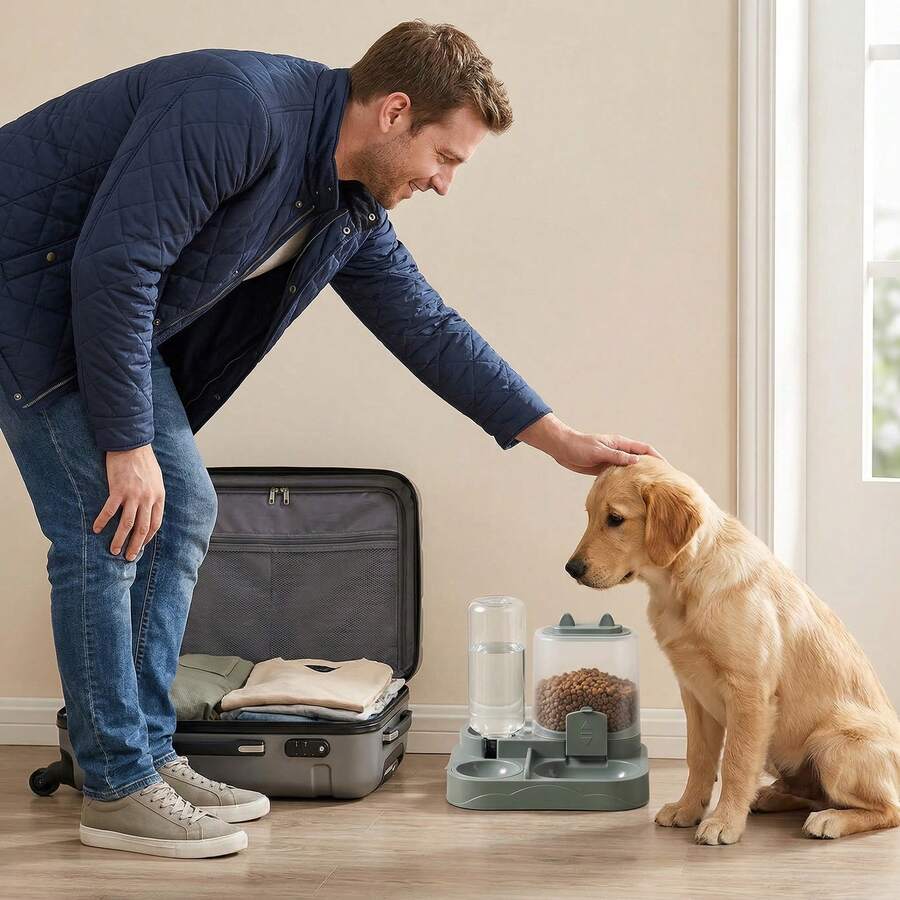 A 2-in-1 cat food and water dispenser made of PP plastic with a cartoon pattern and dry-wet separation design for cats and dogs.