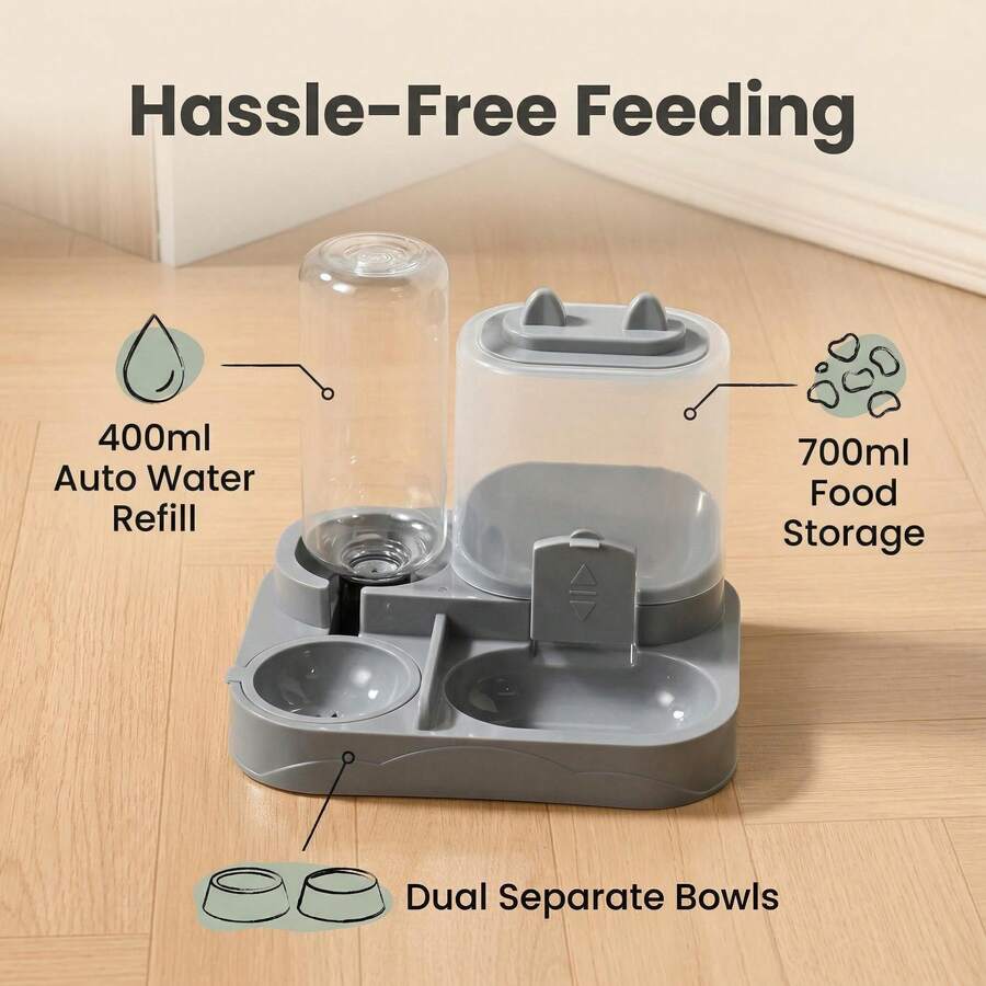 A 2-in-1 cat food and water dispenser made of PP plastic with a cartoon pattern and dry-wet separation design for cats and dogs.