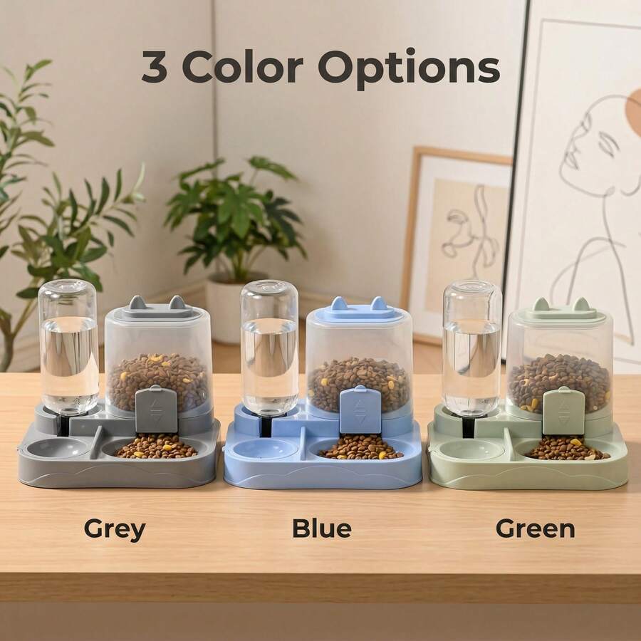 A 2-in-1 cat food and water dispenser made of PP plastic with a cartoon pattern and dry-wet separation design for cats and dogs.