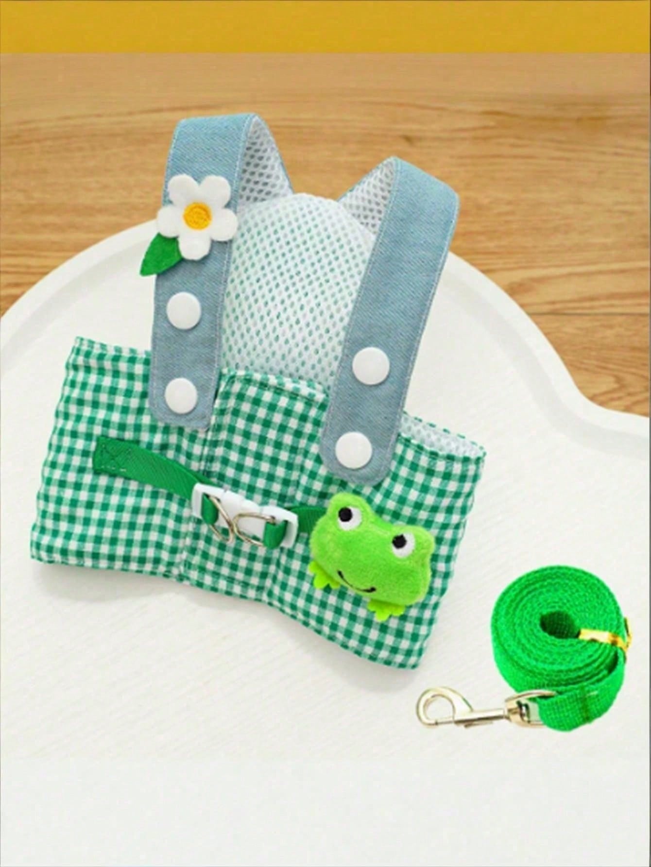 Multicolor polyester pet harness and leash set with cute frog pattern for cats and dogs, designed for outdoor walks, travel, hiking, and daily wear.