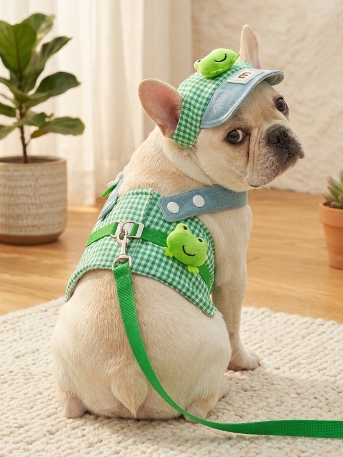 Multicolor polyester pet harness and leash set with cute frog pattern for cats and dogs, designed for outdoor walks, travel, hiking, and daily wear.