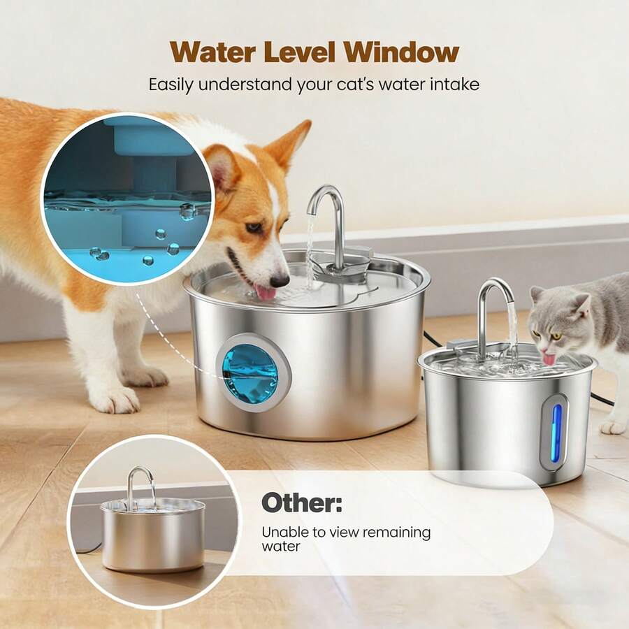 Automatic 304 stainless steel pet water fountain dispenser with quiet pump, visible water level window, and USB power connection for cats and dogs.