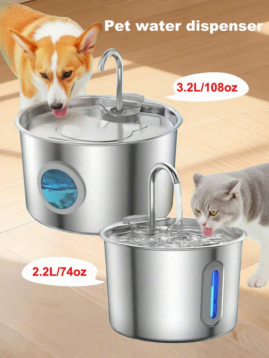 Automatic 304 stainless steel pet water fountain dispenser with quiet pump, visible water level window, and USB power connection for cats and dogs.