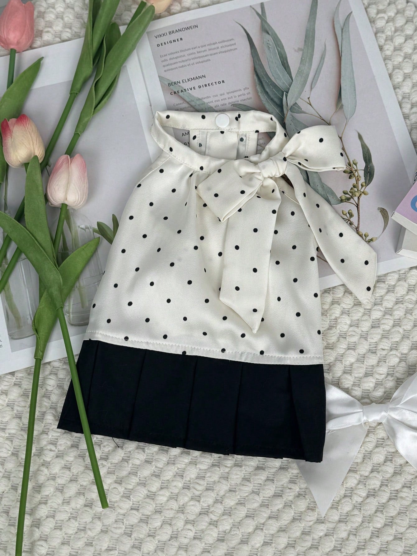1 Piece French-Style Polka Dot Pet Pleated Patchwork Dress With Halter Neck & Bow Accent, Ultra Cool And Breathable, Suitable For Small To Medium-Sized Dogs & Cats In Spring And Summer