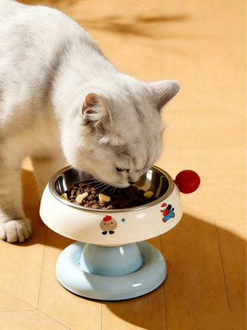 Elevated pet food bowl with cute cartoon style design, stainless steel lining, PP stand, and anti-slip base for cats and dogs.