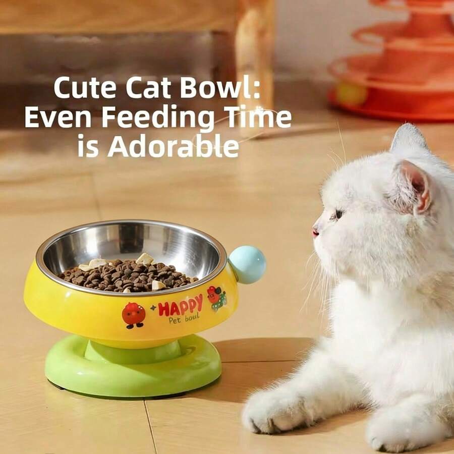 Elevated pet food bowl with cute cartoon style design, stainless steel lining, PP stand, and anti-slip base for cats and dogs.