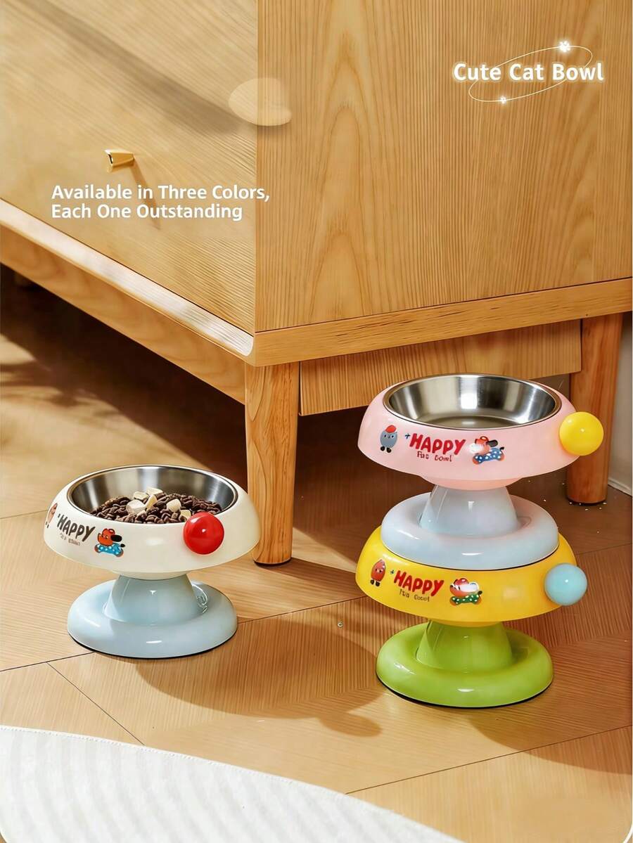 Elevated pet food bowl with cute cartoon style design, stainless steel lining, PP stand, and anti-slip base for cats and dogs.