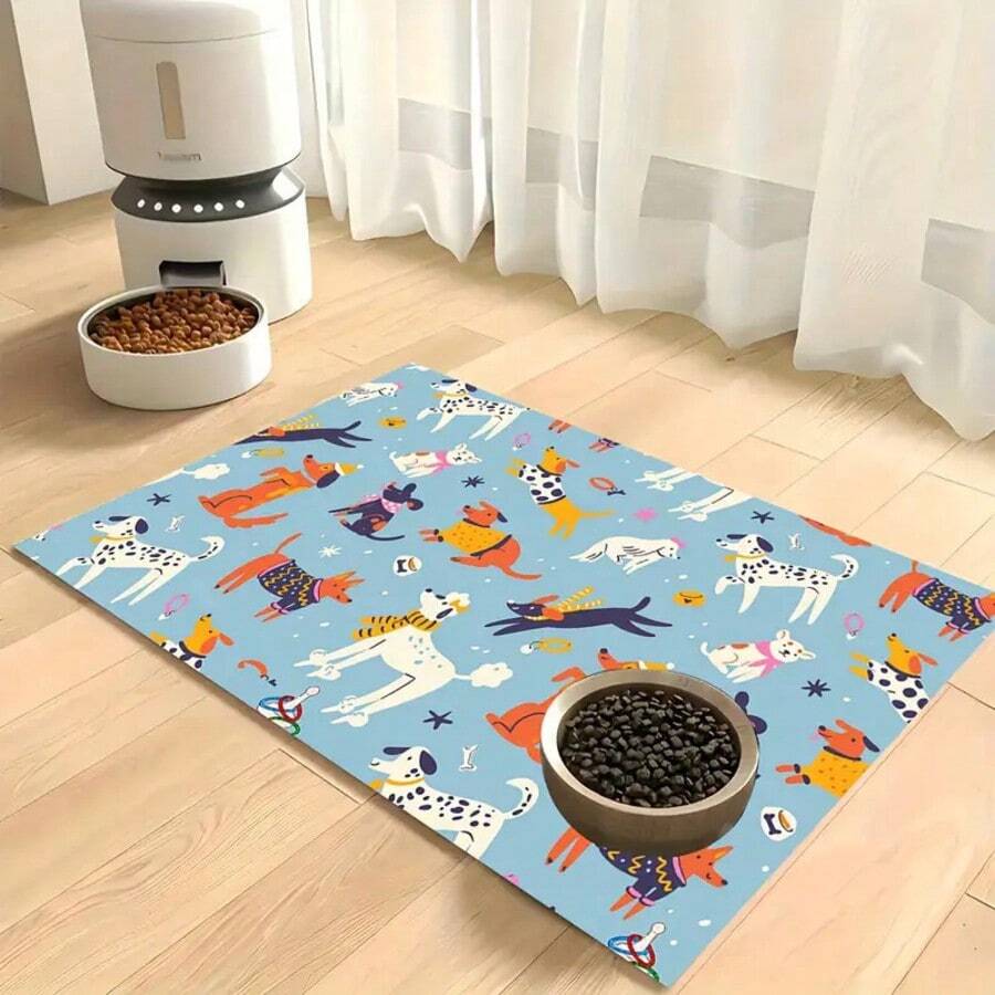 Diatomite pet feeding mat featuring a cute black paw print pattern and wood grain design under cat and dog food bowls.