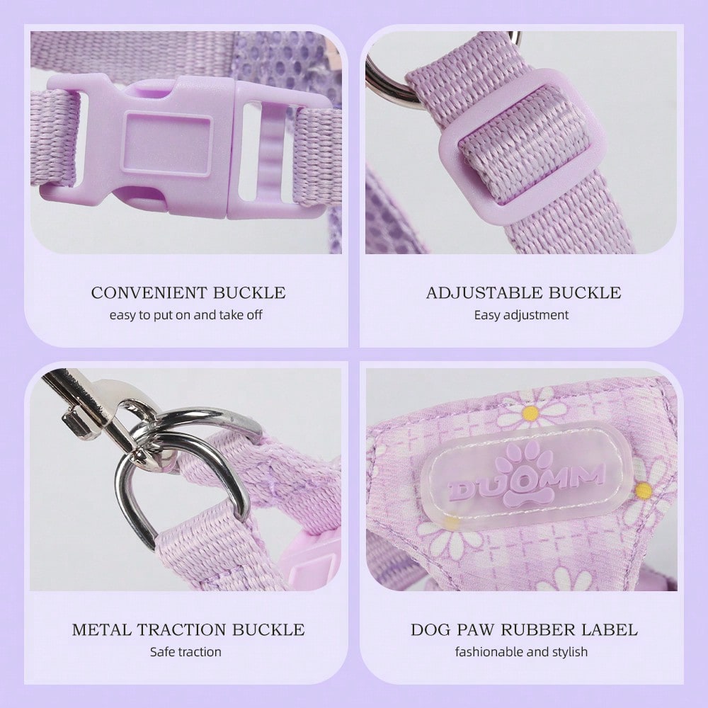 Baby pink small dog harness and leash set with daisy plant pattern, adjustable buckles, and lightweight polyester design for puppies and small breeds